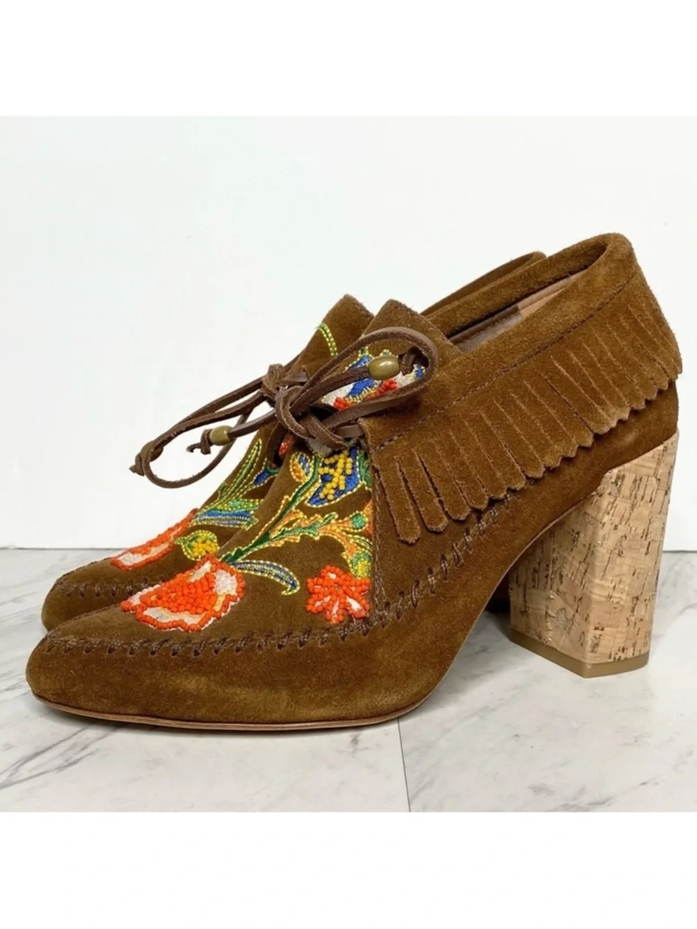 New! Tory Burch Huntington Fringe Brown Leather Heeled Bootie 6M